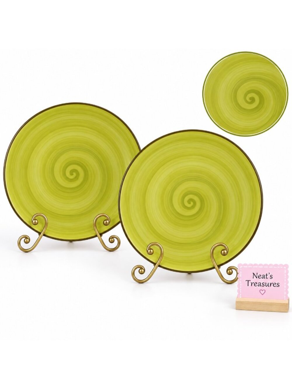 Thomson Pottery  Green Swirl Speckle Brown Stoneware Dinner Plate Set of 2